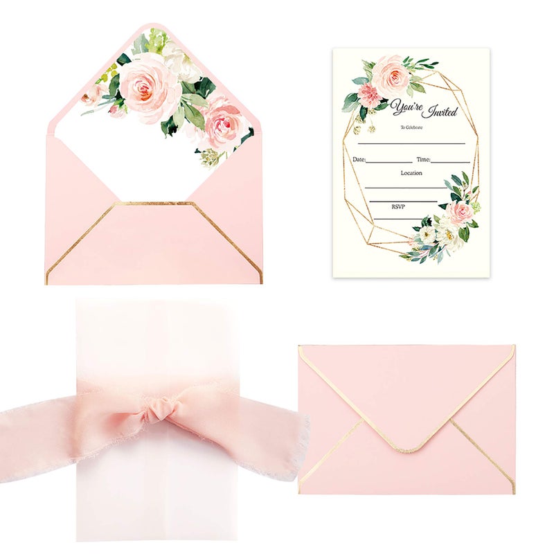 DORIS HOME 25PCS Invitations Cards for Bridal Shower Invite/Baby Shower/Wedding/Rehearsal (25PCS Pink Flower Fill-in) - Image 1